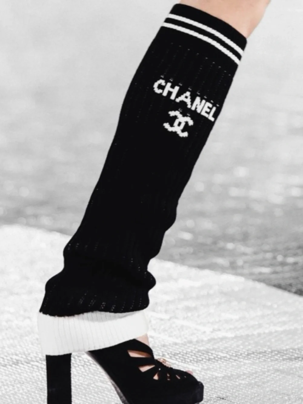 NEW ChaneI Black and White Knit Logo Leg warmers / Gaiters